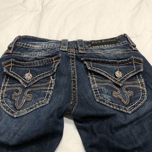 Rock Revival Jeans Womens Size 27" Waist Patti Boot Distressed Blue Flap Pockets - Picture 9 of 12